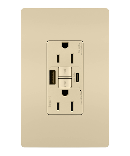 radiant® 15A Tamper Resistant Self Test GFCI USB Type A/C Outlet, Ivory