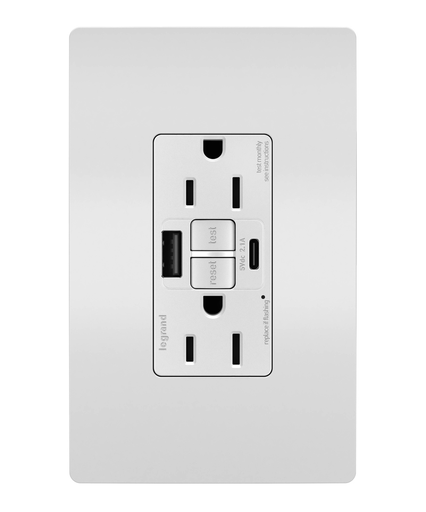 radiant® 15A Tamper Resistant Self Test GFCI USB Type A/C Outlet White