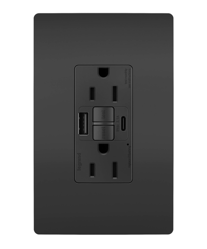 radiant® 15A Tamper Resistant Self Test GFCI USB Type A/C Outlet, Black