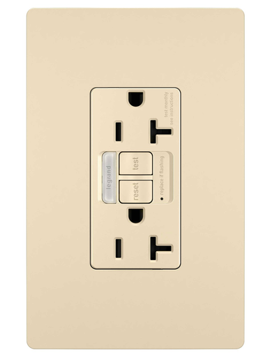 radiant® Tamper-Resistant 20A Duplex Self-Test GFCI Receptacles with SafeLock® Protection and Night Light, Ivory
