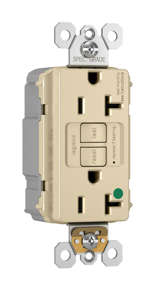 Product image for Pass & Seymour PT2097-HGI 20A 125V Plugtail Self-Test GFCI Duplex Receptacle, Hospital Grade - Ivory