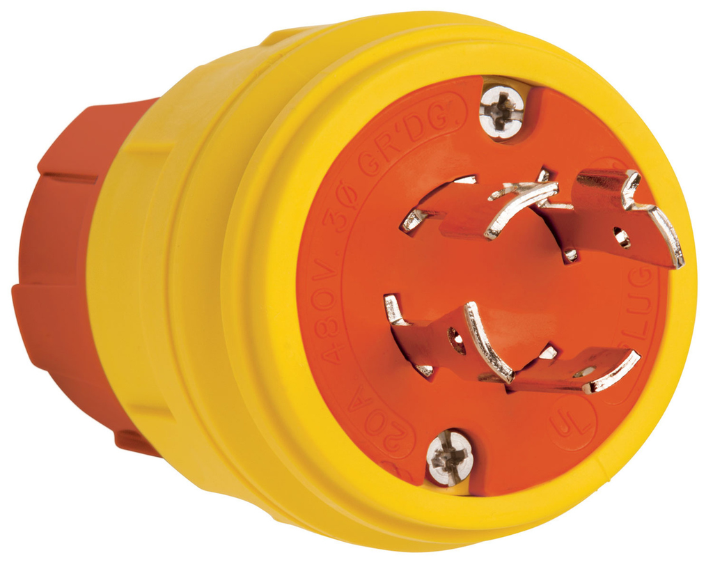 Product image for Pass & Seymour 26W76AM 20A 480V Locking Anti Microbial IP67 L16-20P Plug, Orange/Yellow