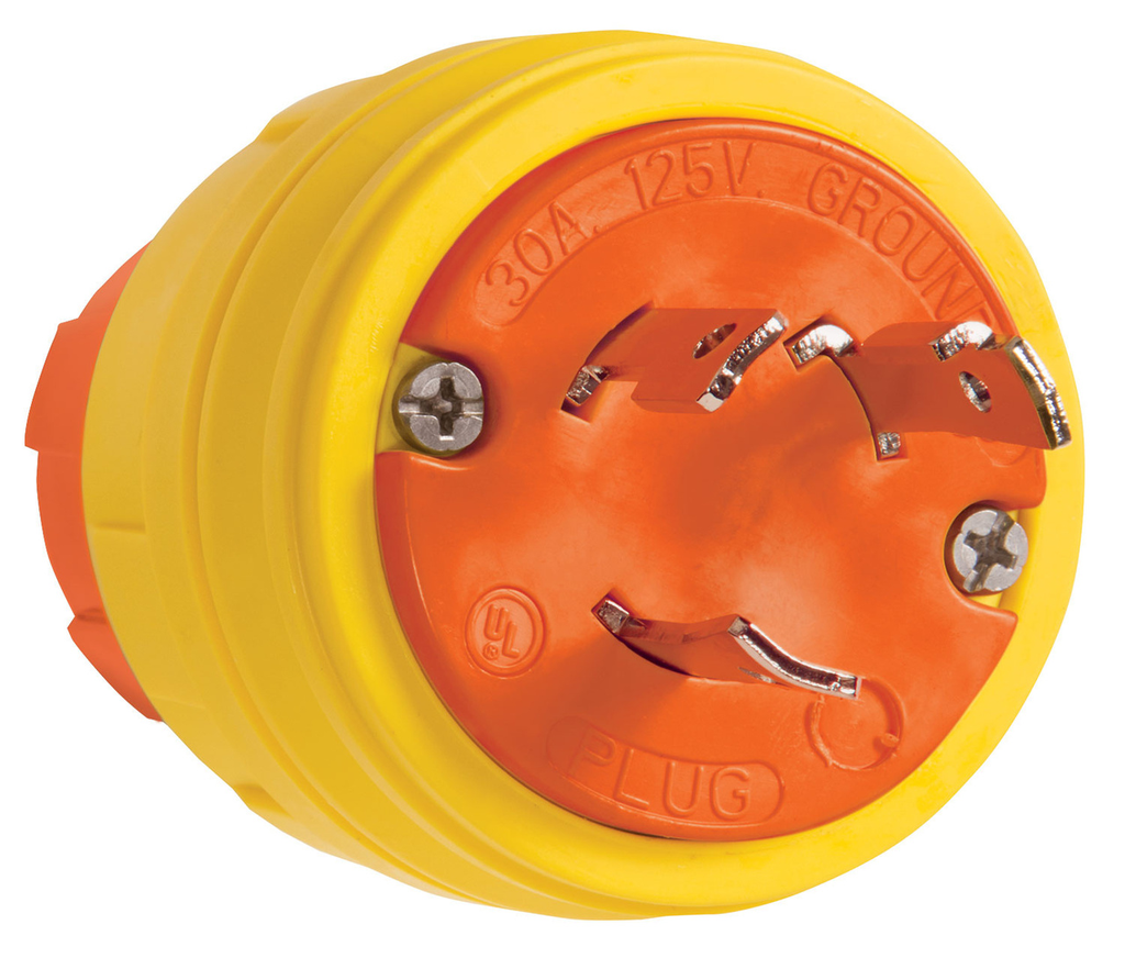 Product image for Pass & Seymour 28W47AM 30A 125V Locking Anti Microbial IP67 L5-30P Plug, Orange/Yellow