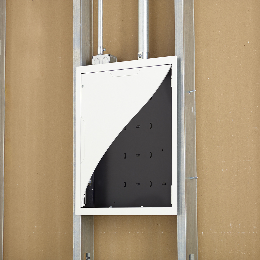 Product image for Wiremold WMPAC526FCW In-Wall Storage Box, for A/V, Power & Data, w/ Flange & Cover, 14.25" x 14.25" x 3.9", White Flange