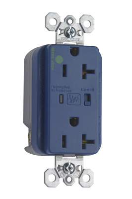 Product image for Pass & Seymour 8300-BLSP Hospital Grade Surge Protective Duplex Receptacle, Back & Side Wire, 20A 125V - Blue