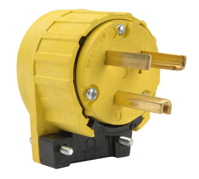 Product image for Pass & Seymour 4337-9 30 Amp 125 VAC 2-Pole 3-Wire NEMA 5-30P Yellow Angled Straight Blade Plug