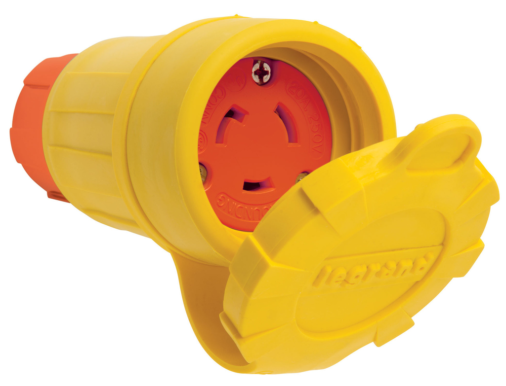 Product image for Pass & Seymour 27W47AM 20A 125V Locking Anti Microbial IP67 L5-20R Connector, Orange/Yellow