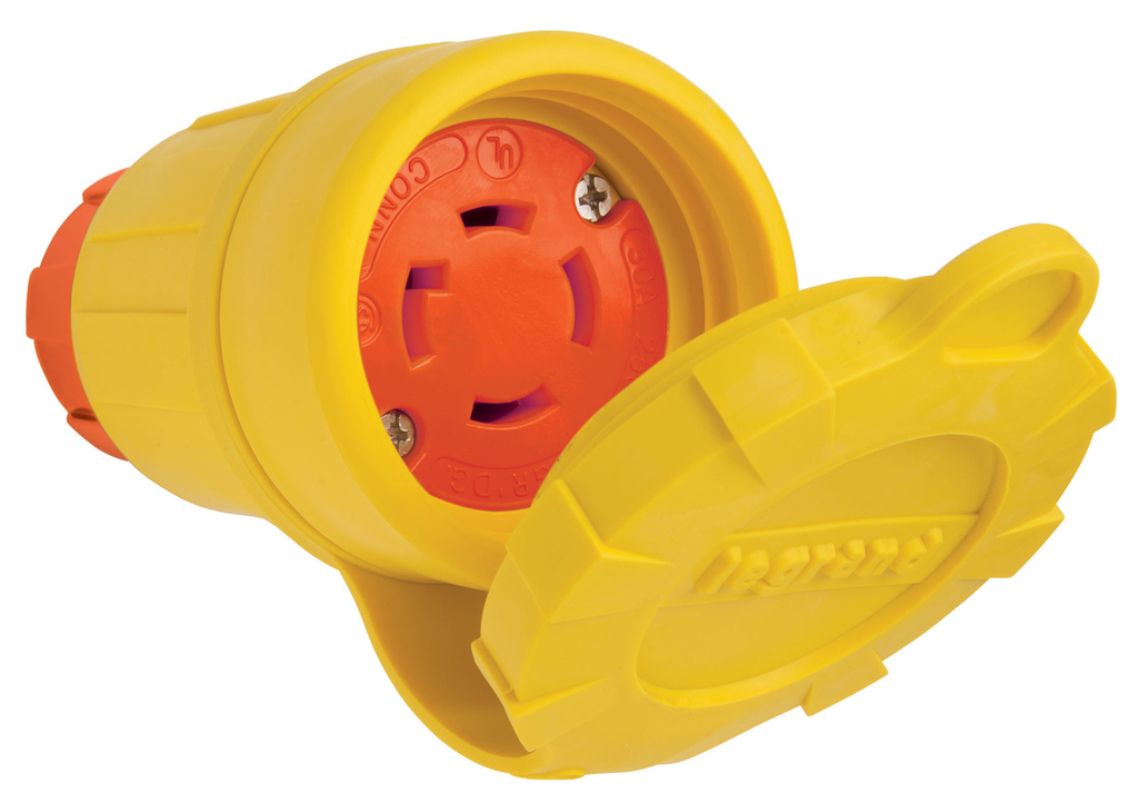 Product image for Pass & Seymour 29W75AM 30A 250V Locking Anti Microbial IP67 L15-30R Connector, Orange/Yellow