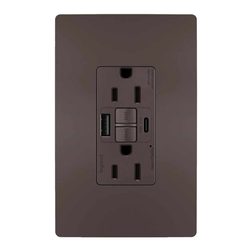 Mayer-DDS-radiant® Tamper-Resistant 15A Duplex Self-Test GFCI Receptacles with SafeLock® Protection, USB Type A/C, Brown-1