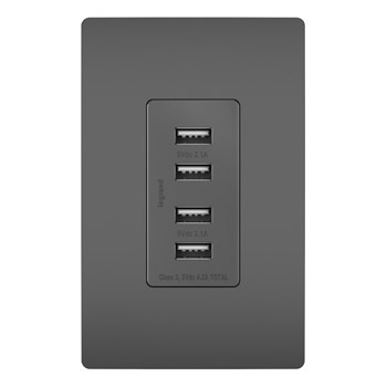 Product image for Pass & Seymour TM8USB4-BKCC6 125 Volt 5 VDC 4.2 Amp 4-Port 1.693 x 1.33 x 3.281 Inch Black Decorator Quad USB Charger
