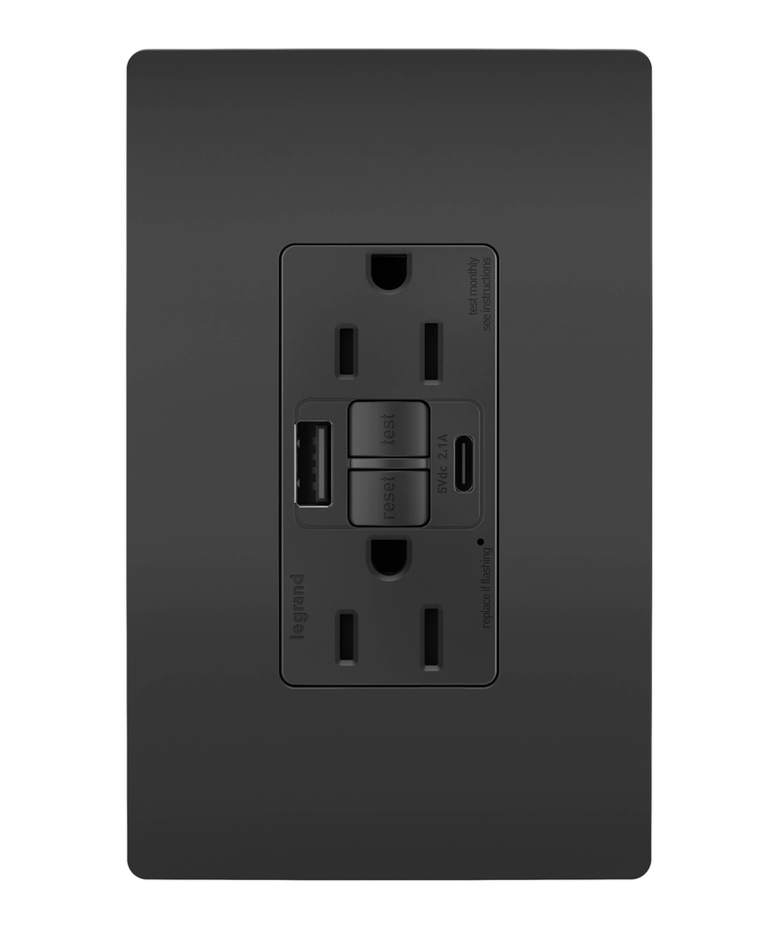 Mayer-DDS-radiant® Tamper-Resistant 15A Duplex Self-Test GFCI Receptacles with SafeLock® Protection, USB Type A/C, Black-1