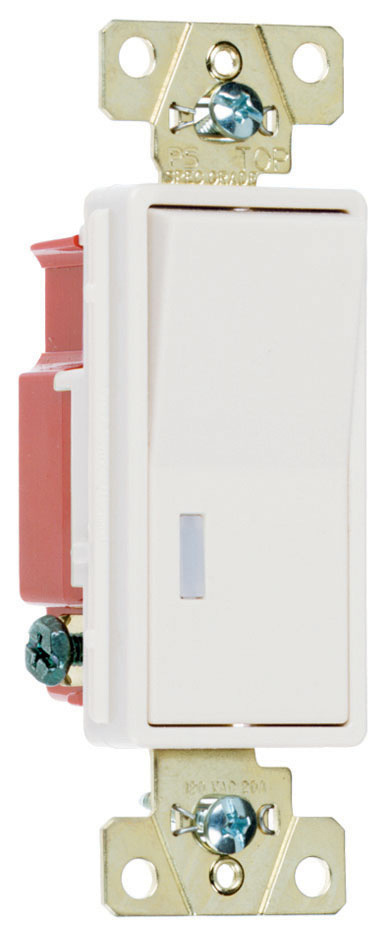 Product image for Pass & Seymour 2629-W Single Pole, Single Pilot Light, Back and Side Wire, Decorator Switch, 20 amps, 120V - White
