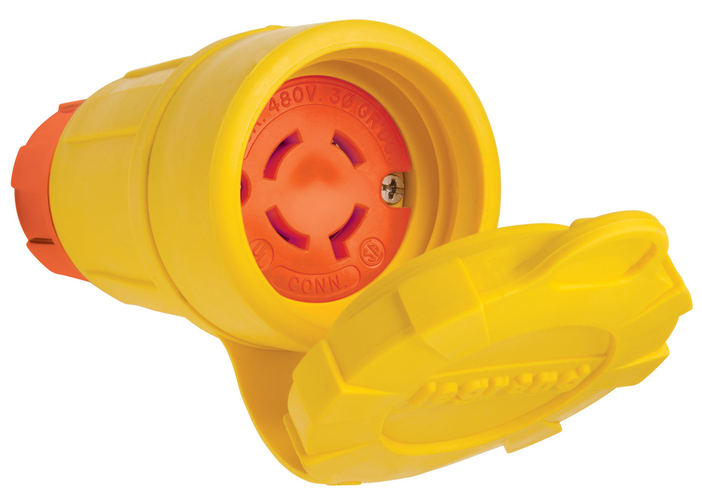 Product image for Pass & Seymour 27W76AM 20A 480V Locking Anti Microbial IP67 L16-20R Connector, Orange/Yellow
