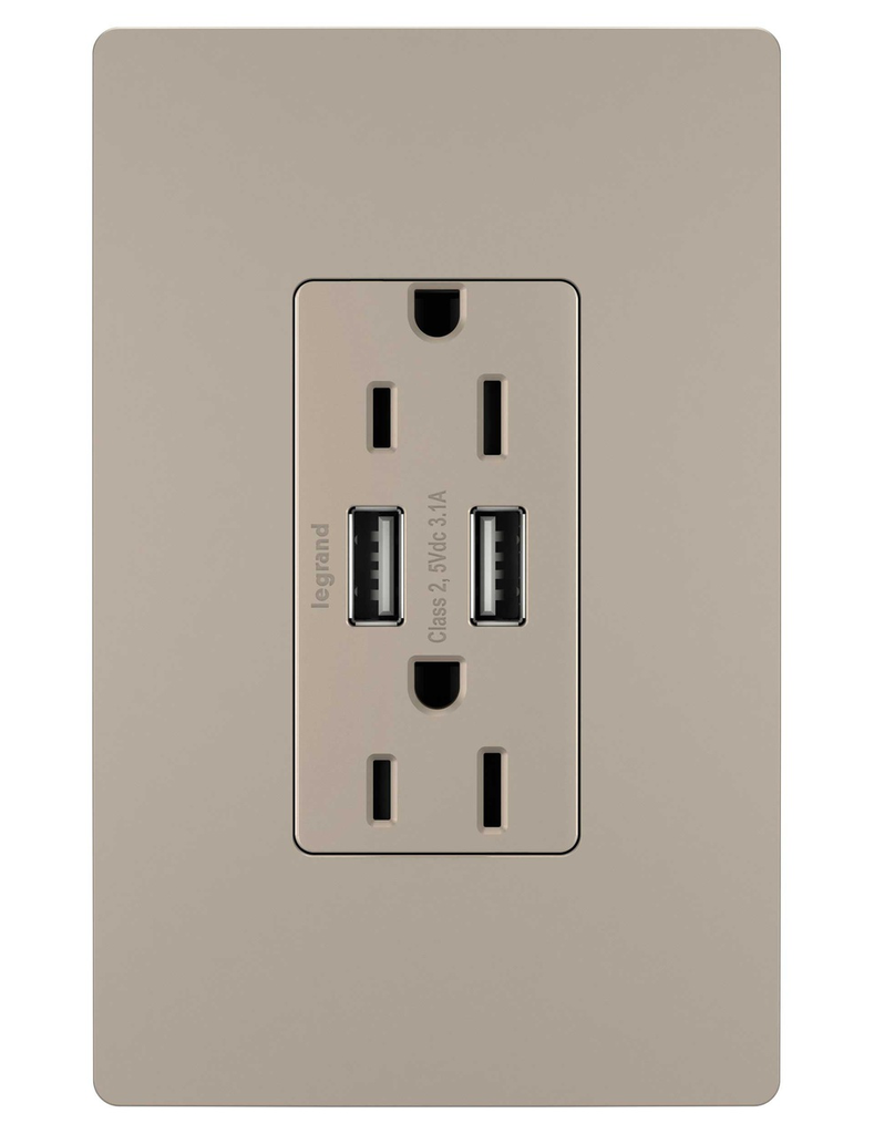 Product image for Pass & Seymour TM-826USBNICC6 15/3.1 Amp 125 VAC NEMA 5-15R Nickel Decorator Combination Receptacle and USB Charger