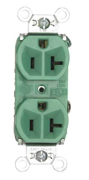 Product image for Pass & Seymour 5362-GN Hard Use Spec Grade Duplex Receptacle, Back & Side Wire, 20A 125V - Green