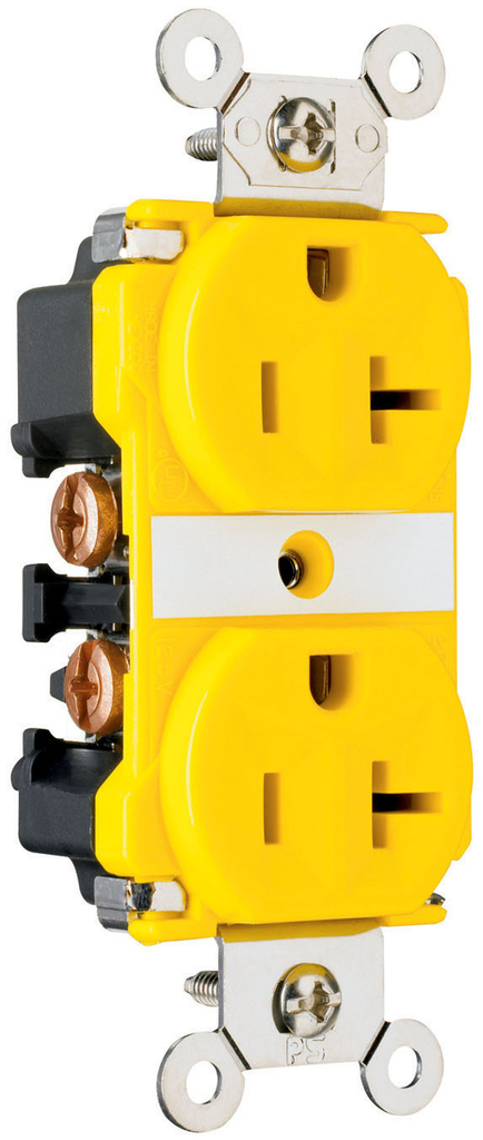 Product image for Pass & Seymour CR6300 Industrial Extra Heavy-Duty Spec Grade Duplex Receptacle, Corrosion-Resistant, Back & Side Wire, 20A 125V - Yellow
