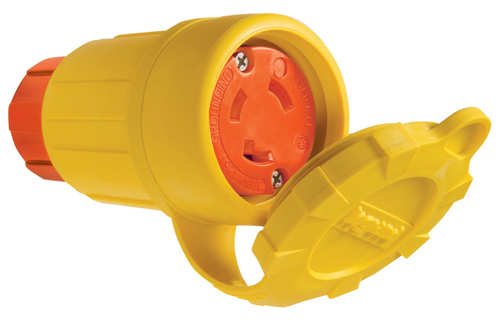 Product image for Pass & Seymour 29W47AM 30A 125V Locking Anti Microbial IP67 L5-30R Connector, Orange/Yellow