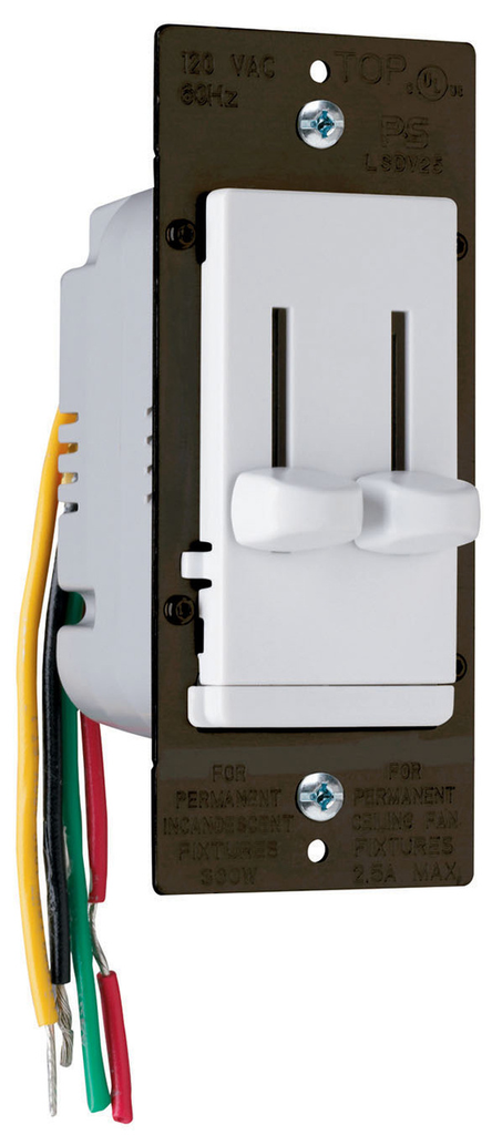 Product image for Pass & Seymour LSDC-16WV Dual Slide 3-Speed De-Hummer Fan Control With Single Pole Dimmer, White