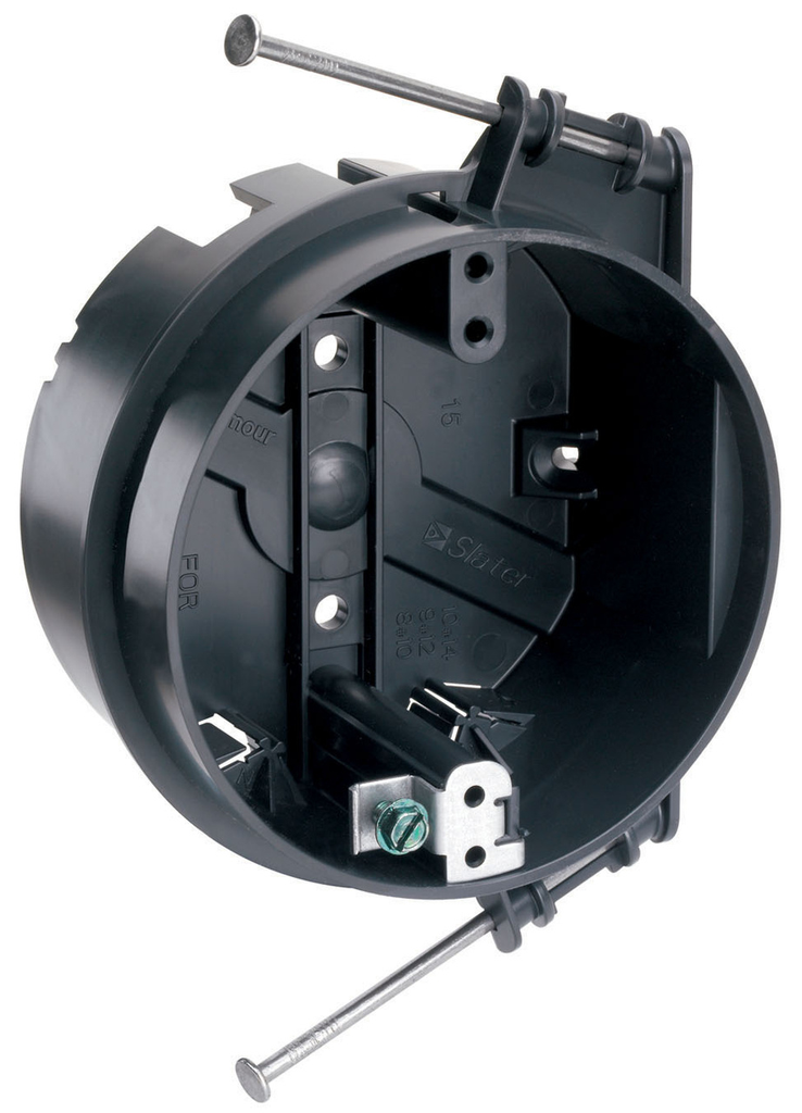 Product image for Pass & Seymour S1-20-RGAC 4" Round Plastic Ceiling Box w/ Mounting Nails & Ground Lug, 2-3/16" Deep, 20.25 cu.in