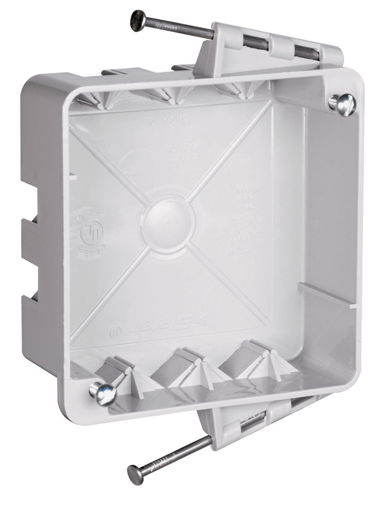 Product image for Pass & Seymour S44-21-RAC 4 Square Box w/ Threaded Mounting Holes, Captive Mounting Nails, 3 Auto/Clamps