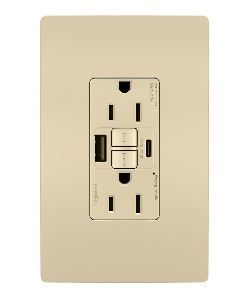 Mayer-DDS-radiant® Tamper-Resistant 15A Duplex Self-Test GFCI Receptacles with SafeLock® Protection, USB Type A/C, Ivory-1