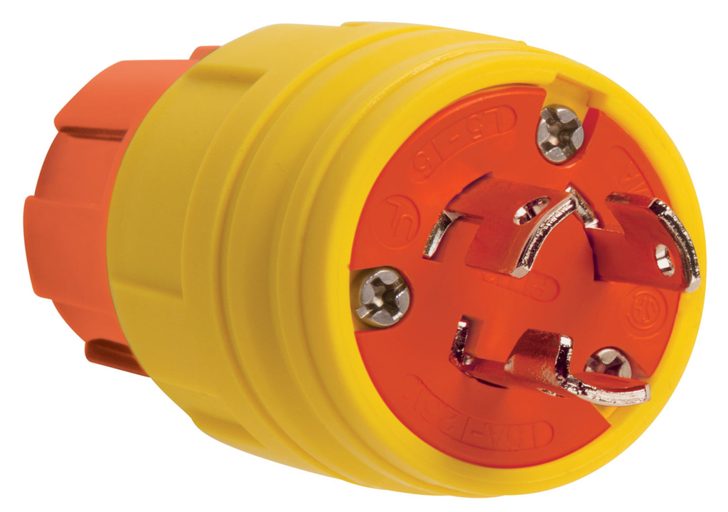 Product image for Pass & Seymour 24W47AM 15A 125V Locking Anti Microbial IP67 L5-15P Plug, Orange/Yellow