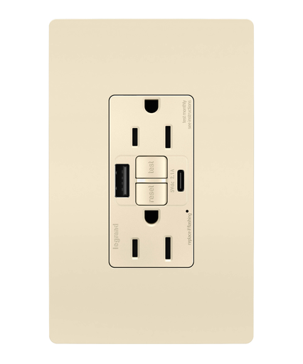 Mayer-DDS-radiant® Tamper-Resistant 15A Duplex Self-Test GFCI Receptacles with SafeLock® Protection, USB Type A/C, Light Almond-1