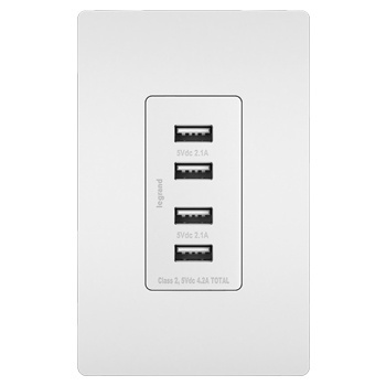 Pass & Seymour TM8USB4-WCC6 USB Quad Charger, White Product image for Pass & Seymour TM8USB4-WCC6 USB Quad Charger, White