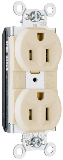 Product image for Pass & Seymour PT5262-I PlugTail™ Spec Grade Duplex Receptacle, 15A 125V - Ivory