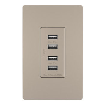 Pass & Seymour TM8USB4NICC6 125 Volt 5 VDC 4.2 Amp 4-Port 1.693 x 1.33 x 3.281 Inch Nickel Decorator Quad USB Charger Product image for Pass & Seymour TM8USB4NICC6 125 Volt 5 VDC 4.2 Amp 4-Port 1.693 x 1.33 x 3.281 Inch Nickel Decorator Quad USB Charger