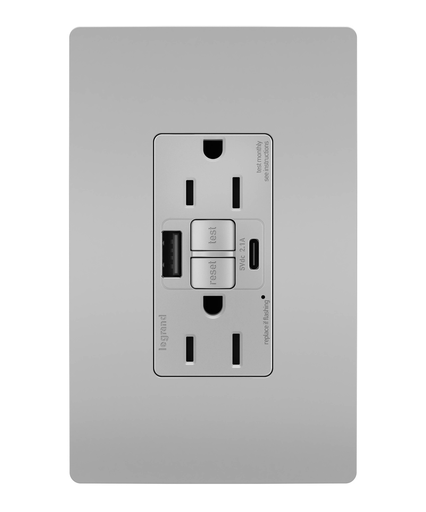 Mayer-DDS-radiant® Tamper-Resistant 15A Duplex Self-Test GFCI Receptacles with SafeLock® Protection, USB Type A/C, Gray-1