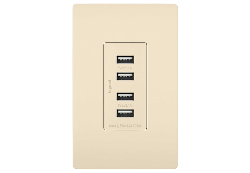 Pass & Seymour TM8USB4-LACC6 125 Volt 5 VDC 4.2 Amp 4-Port 1.693 x 1.33 x 3.281 Inch Light Almond Decorator Quad USB Charger Product image for Pass & Seymour TM8USB4-LACC6 125 Volt 5 VDC 4.2 Amp 4-Port 1.693 x 1.33 x 3.281 Inch Light Almond Decorator Quad USB Charger