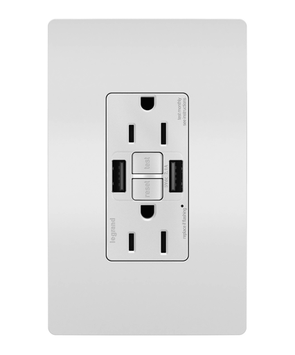 Mayer-DDS-radiant® Tamper-Resistant 15A Duplex Self-Test GFCI Receptacles with SafeLock® Protection, USB Type A/A, White-1