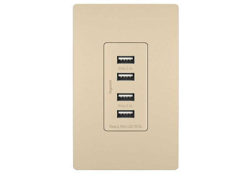 Pass & Seymour TM8USB4-ICC6 125 Volt 5 VDC 4.2 Amp 4-Port 1.693 x 1.33 x 3.281 Inch Ivory Decorator Quad USB Charger Product image for Pass & Seymour TM8USB4-ICC6 125 Volt 5 VDC 4.2 Amp 4-Port 1.693 x 1.33 x 3.281 Inch Ivory Decorator Quad USB Charger
