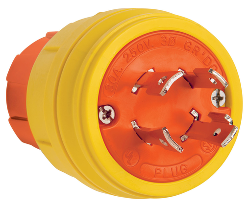 Product image for Pass & Seymour 28W75AM 30A 250V Locking Anti Microbial IP67 L15-30P Plug, Orange/Yellow