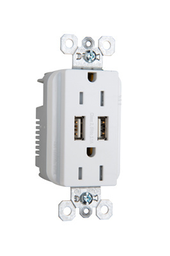 Product image for Pass & Seymour TR-5262USBW 15 Amp 125 VAC NEMA 5-15R White Decorator Duplex USB Charger Receptacle