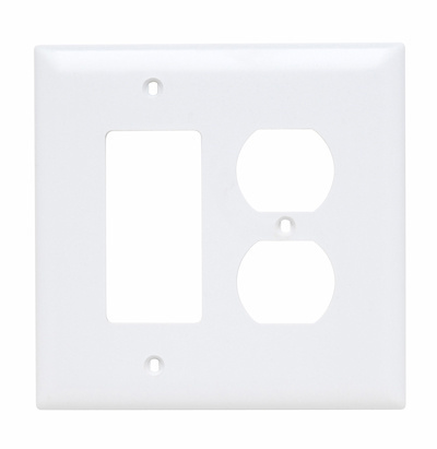 Mayer-DDS-TradeMaster® Junior Jumbo 2-Gang Nylon Wall Plate, Duplex Receptacle Opening, 1 Decorator Opening, White-1