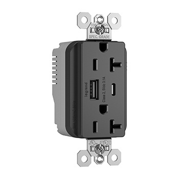 PTTR20ACUSBBK - PlugTail® 20A 125V Commercial Spec-Grade USB Type A/C Outlet, Black