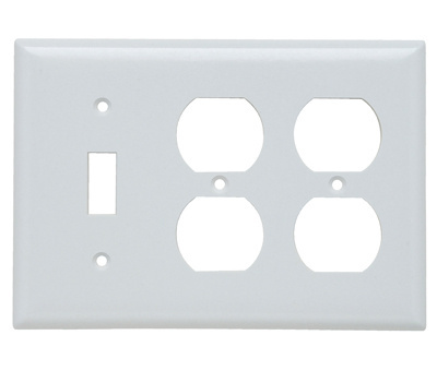 SP182-W - 3-Gang Thermoset Wall Plate, 1 Toggle Switch, 2 Duplex Receptacle, White