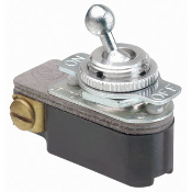Toggle switch, single pole-single throw; 6A-125V, 3A-250V. Round male busing 15/32-32 by 1/4 inch long thread, keyway, toggle ball.