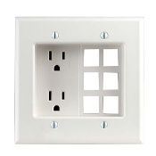 2 gang Recessed device with Duplex receptacle (2p 3wire, 15A-125V) and 6 Quickport Plate (accepts low voltage connectors) NEMA 5-15R Residential Grade. White