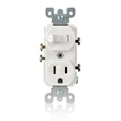 15 Amp, 120 Volt, Duplex Style Single-Pole / 5-15R AC Combination Switch, Commercial Grade, Grounding, Side Wired, - White