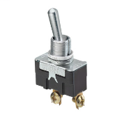 Toggle switch, single pole, on-off; heavy duty; 15A-125V AC, 10A-250V AC; Round male bushing 15/32-32 by 31/64 inch long thread.