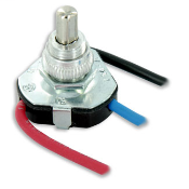 Single pole, pushbutton switch. 2 speed 3 position 3A-125V, 1A-250V. Round male bushing 3/8-27 by 27/64 inch long thread. Knurl nut assembled.