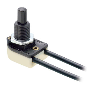 Push button switch, single pole, momentary 3A-125V AC; With two black leads 18AWG AWM TEW 105C 600V, one lead 12 inches long and one lead 6 inches long; free ends stripped 1/2 inch.