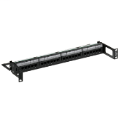 Cat 6 Universal Recessed Patch Panel, 24-Port, 1RU. Cable management bar included.