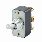Toggle switch, double pole, double throw, two position, ON-ON; 15A-125V AC, 10A-250V AC, 3/4 HP-120/240V AC; round male bushing 15/32-32 by 31-64 inch long thread.