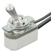 Toggle switch, single pole-single throw. 6A-125V, 3A-125V-L, 3A-250V circuit control. Round male bushing 15/32-32 by 1/4 inch long thread.