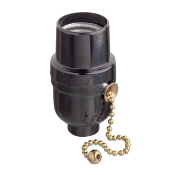 Incandescent lampholder, 2 piece phenolic, medium base, 660W-250V, pull cord electrolier, 1/8 ips threaded bushing, 6 1/4" brass chain.