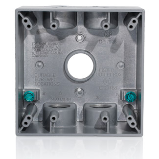 Two Gang Die-Cast Weatherproof Box with Five 3/4" Diameter Outlets, Includes Mounting Hardware and Inserts to Cover Unused Openings - GRAY